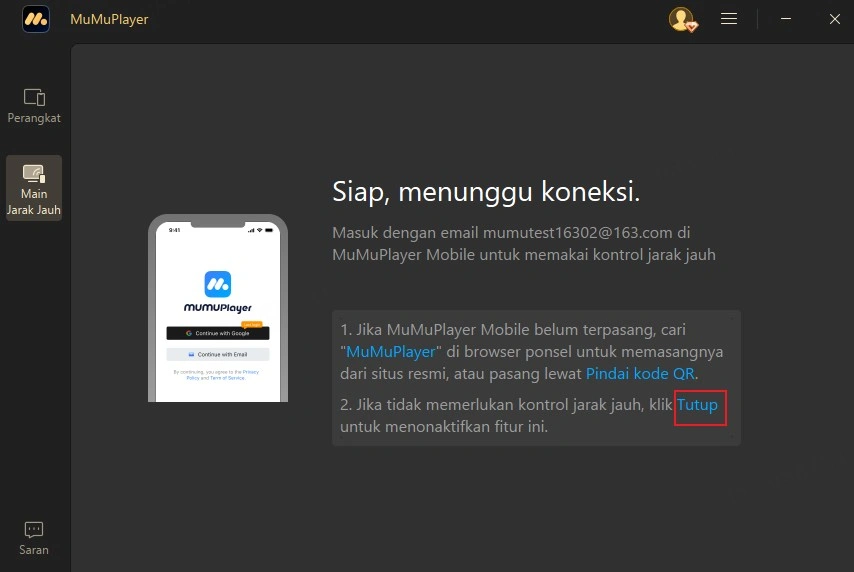 Klik tombol Tutup untuk menonaktifkan kendali jarak jauh