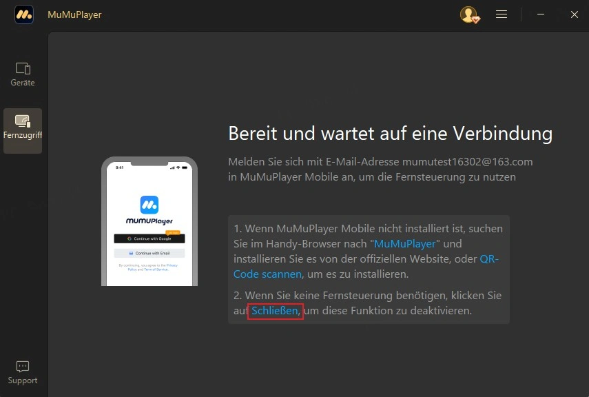 Klicken Sie auf die Schaltfläche Schließen, um die Fernsteuerung zu deaktivieren