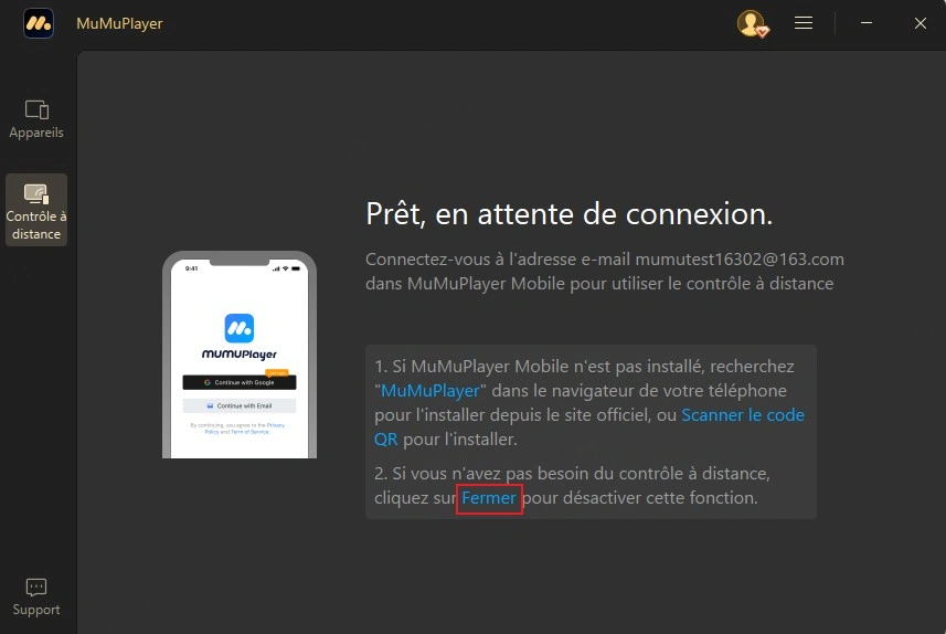 Cliquez sur le bouton Fermer pour désactiver le contrôle à distance