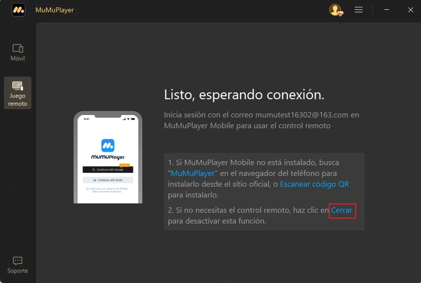 Haz clic en el botón Cerrar para desactivar el control remoto