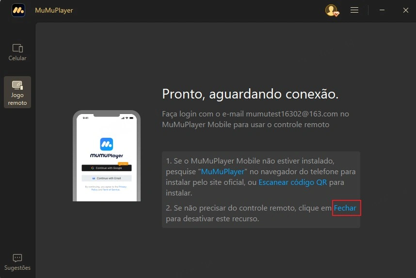 Clique no botão Fechar para desativar o controle remoto